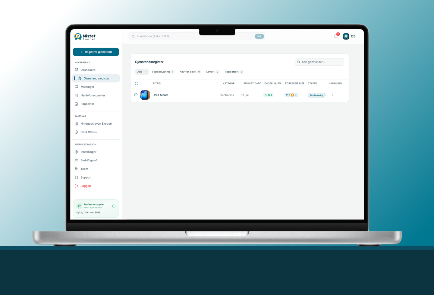 Compliance view — 30-day timers, Lost and Found Act export, DPIA status